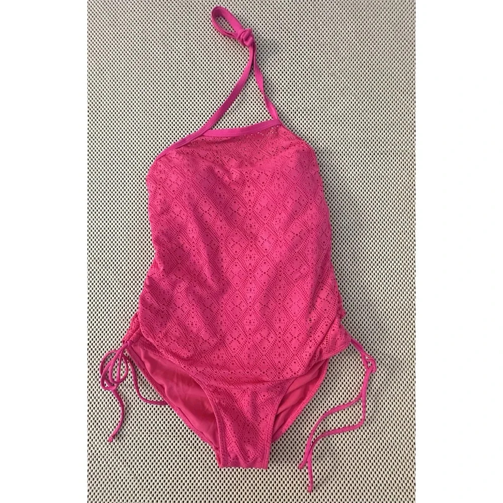 Kohls SO Swimsuit Halter One piece 0X XL 12/14 Bathing Suit‎ Eyelet Crochet Pink